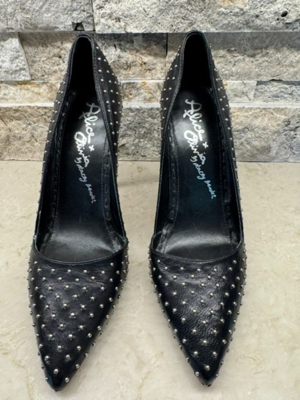 Alice & Olivia Black Leather Stilettos with Silver Embellishments
